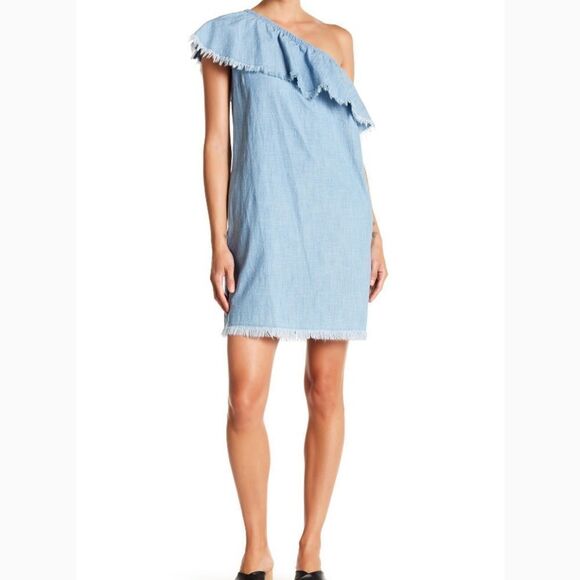 Vince Camuto Chambray Frayed One Shoulder Dress - Picture 1 of 8